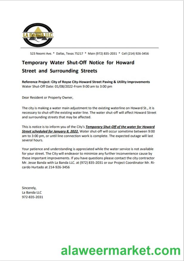 USA Texas La Banda utility water shut off notice, Word and PDF template